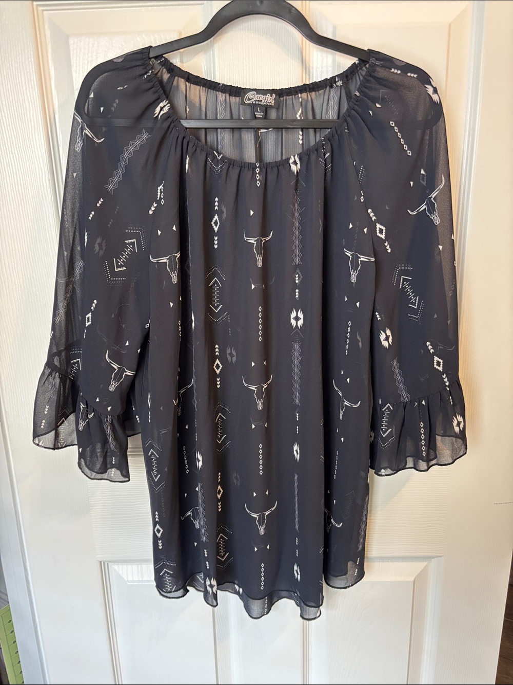 Cato Black Sheer Peasant Tunic with Western Motif